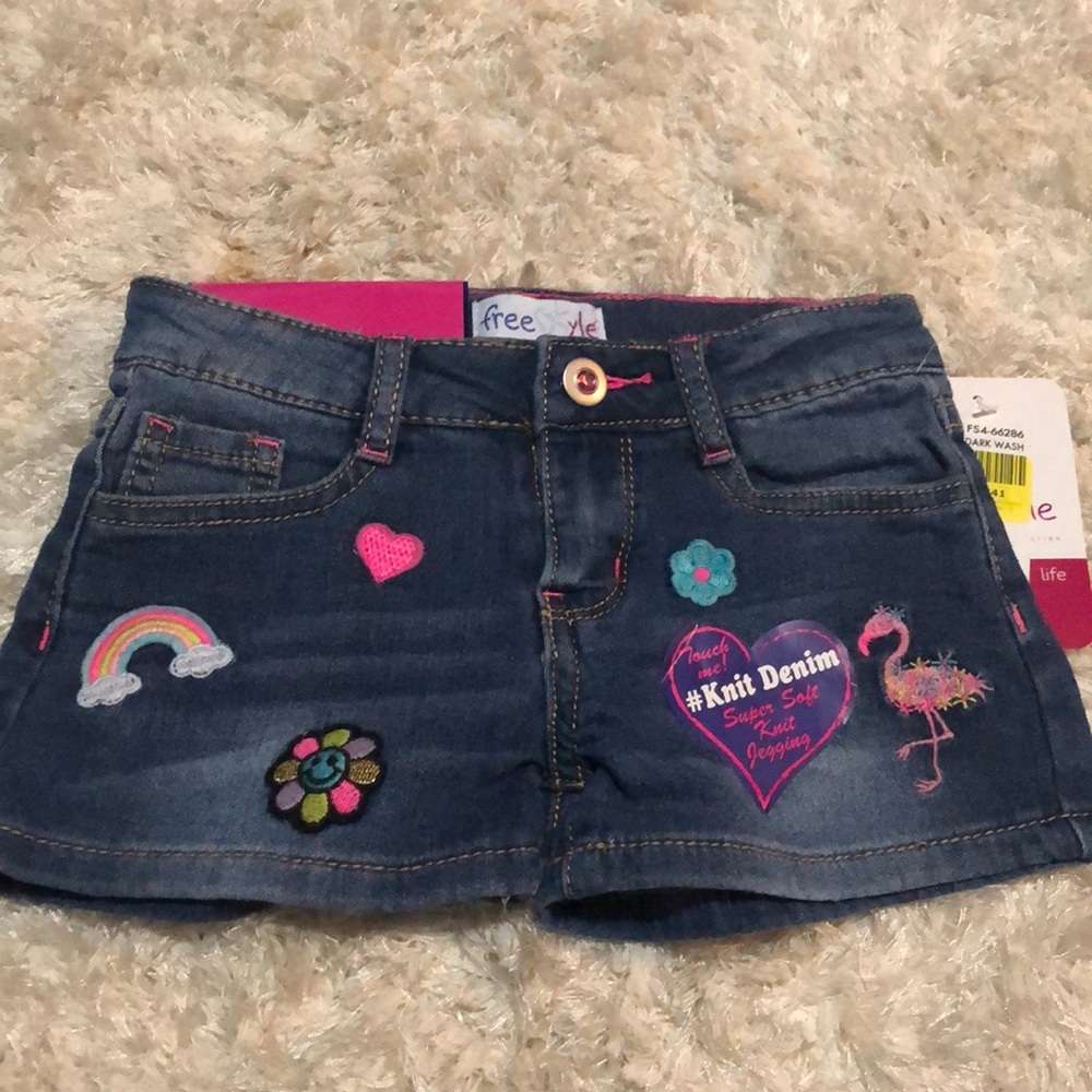 Girls dark wash patched denim shorts